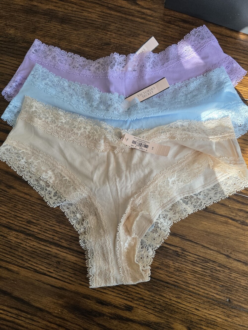 NWT Victoria's Secret Lace Cheeky Panty Trio — Lavender, Light Blue, Cream
